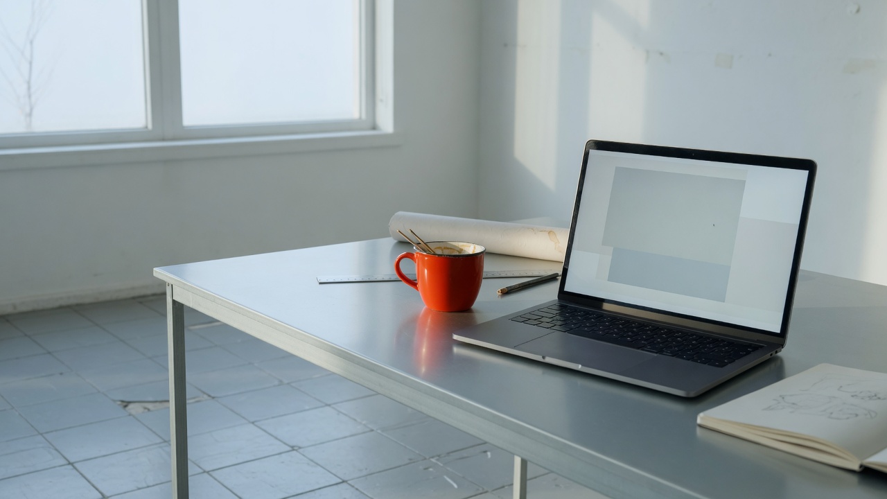 North-lit studio desk with a laptop and a vermilion cup